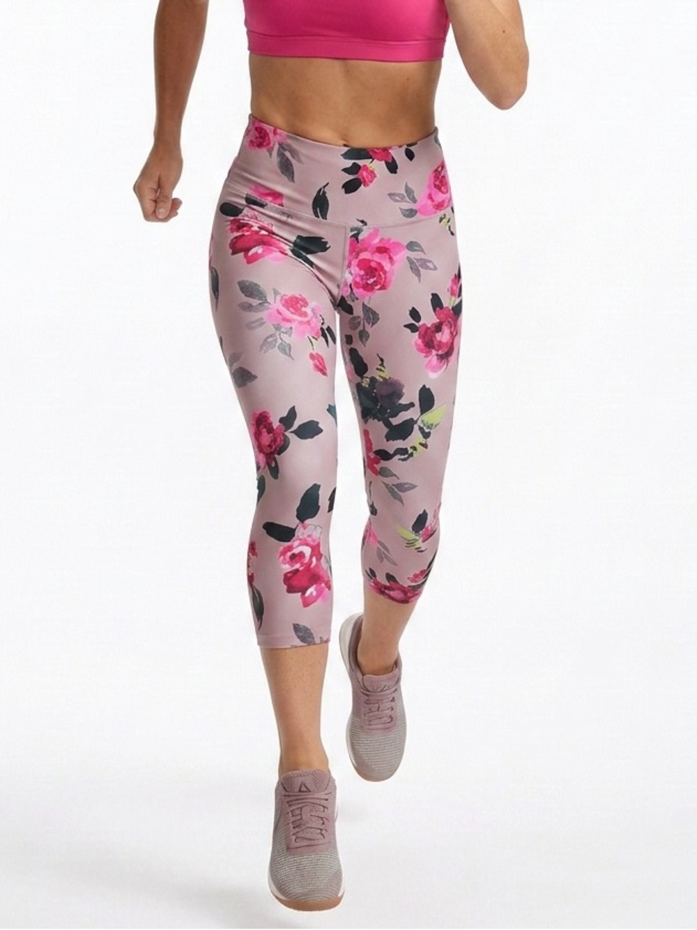 EUC Apana Pink Floral High Rise Crop Leggings Women's Small Yoga Running